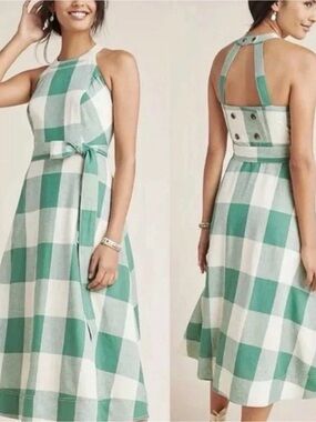 Anthropologie Maeve Greta halter midi dress linen gingham Button accents, size 0